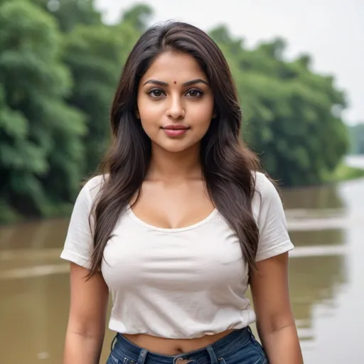 Prompt: Create an Indian white lady with 28 years of age dark brown hair light brown eyes thick lips 5ft 5inch height a slight curvy body standing at the river wearing jeans and t-shirt 