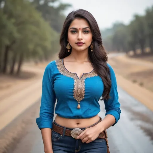 Prompt: Create an Indian white lady with 28 years of age dark brown hair light brown eyes thick lips 5ft 5inch height a slight curvy body standing at the road wearing blue western outfit