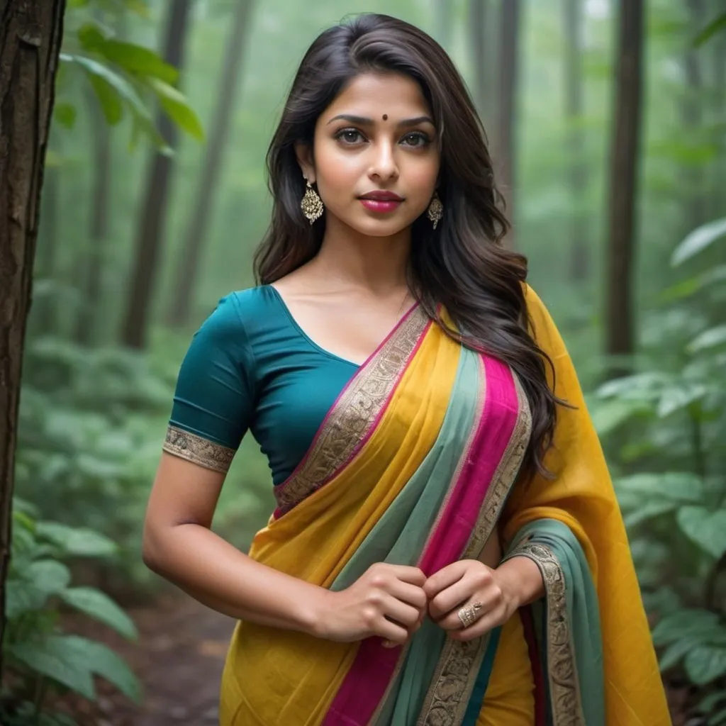 Prompt: Create an Indian white lady with 28 years of age dark brown hair light brown eyes thick lips 5ft 5inch height a slight curvy body standing at the rainy forest area wearing colorful Indian Saree