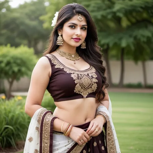 Prompt: Create an Indian white lady with 28 years of age dark brown hair light brown eyes thick lips 5ft 5inch height a slight curvy body standing at the lawn wearing traditional Gujarati chaniya choli 