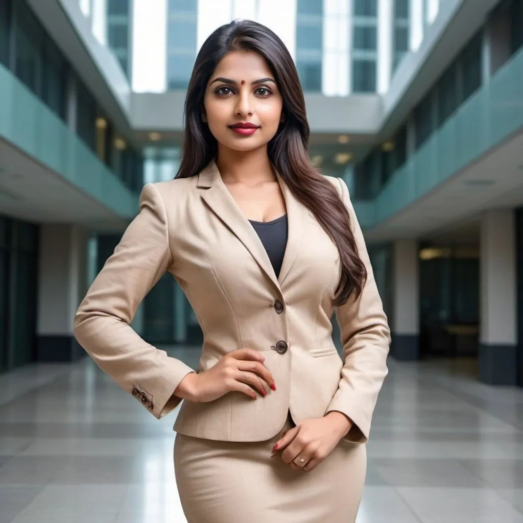 Prompt: Create an Indian white lady with 28 years of age dark brown hair light brown eyes thick lips 5ft 5inch height a slight curvy body standing at the corporate building wearing corporate clothes make full image