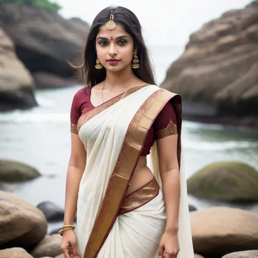 Prompt: Create an Indian white lady with 28 years of age dark brown hair light brown eyes thick lips 5ft 5inch height a slight curvy body standing at the rocks wearing traditional South Indian saree