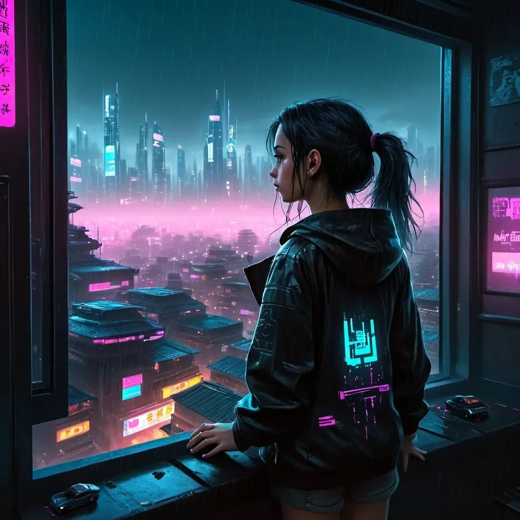 Prompt: a girl looking down at a cyberpunk city from her windows in the rainny night with lots of flying cars