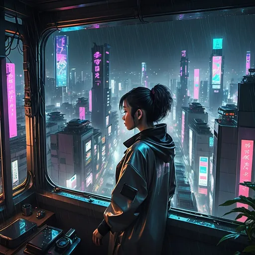 Prompt: a  woman looking down at a cyberpunk tokyo city from her windows in the rainny night with lots of flying cars