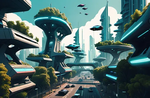 Prompt: a pace cyberpunk city with lots of trees and flying cars prespective from left side