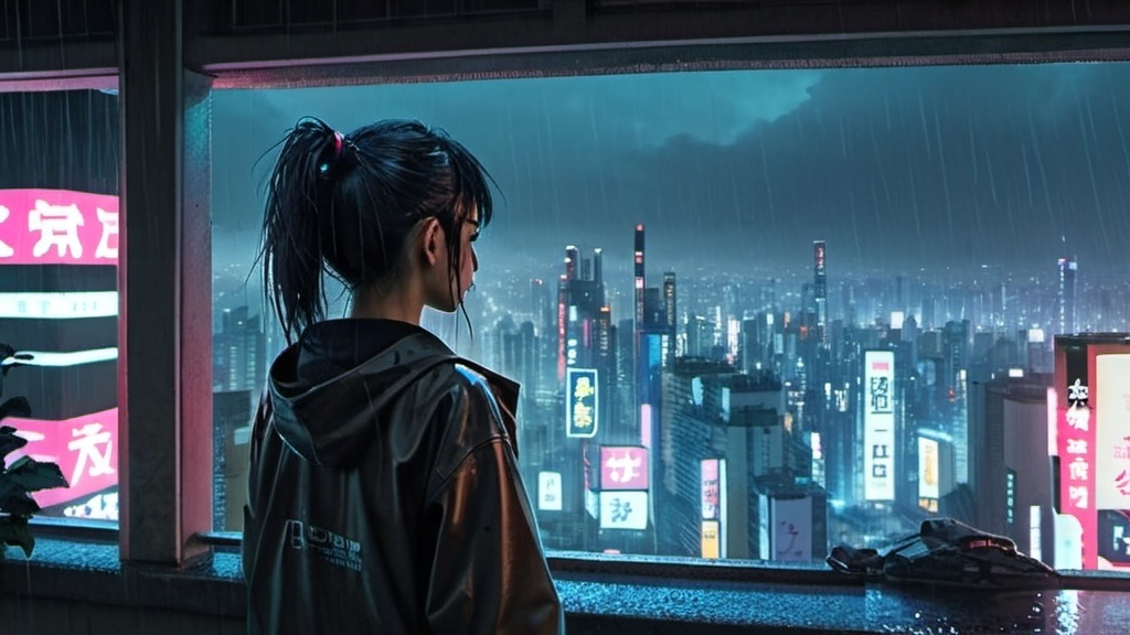 Prompt: a girl looking at a cyberpunk tokyo city surrounded by people in rainny night