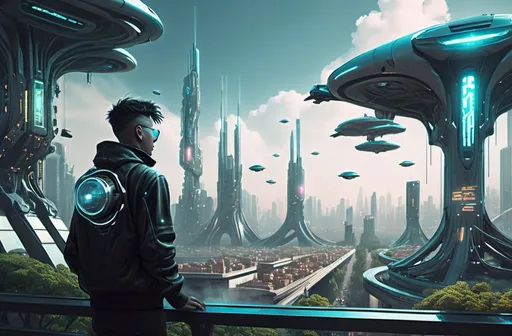 Prompt: man with cybernetics arms looking at cyberpunk city with lots of flying cars and trees from far away