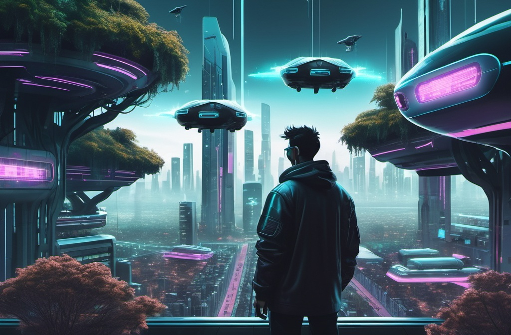 Prompt: man looking at cyberpunk city with lots of flying cars and trees from far away