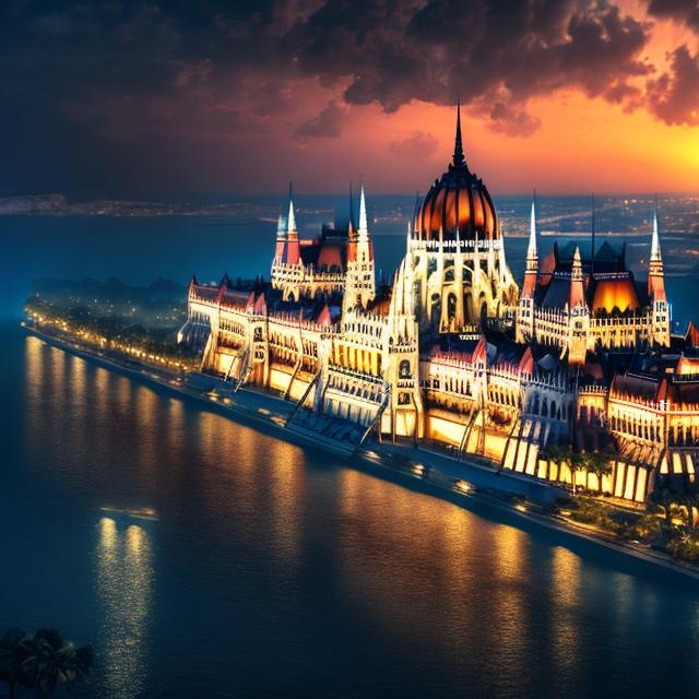 Prompt: hungarian parliament underwater-beach, palm trees behind, aerial shot, dusk, lights, real photography, unreal-engine, 4k, highly detailed --wallpaper --uplight
