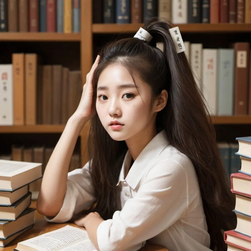 Prompt: Create a picture how hard learn Korean language, with many books around And the girl is holding on to her hair