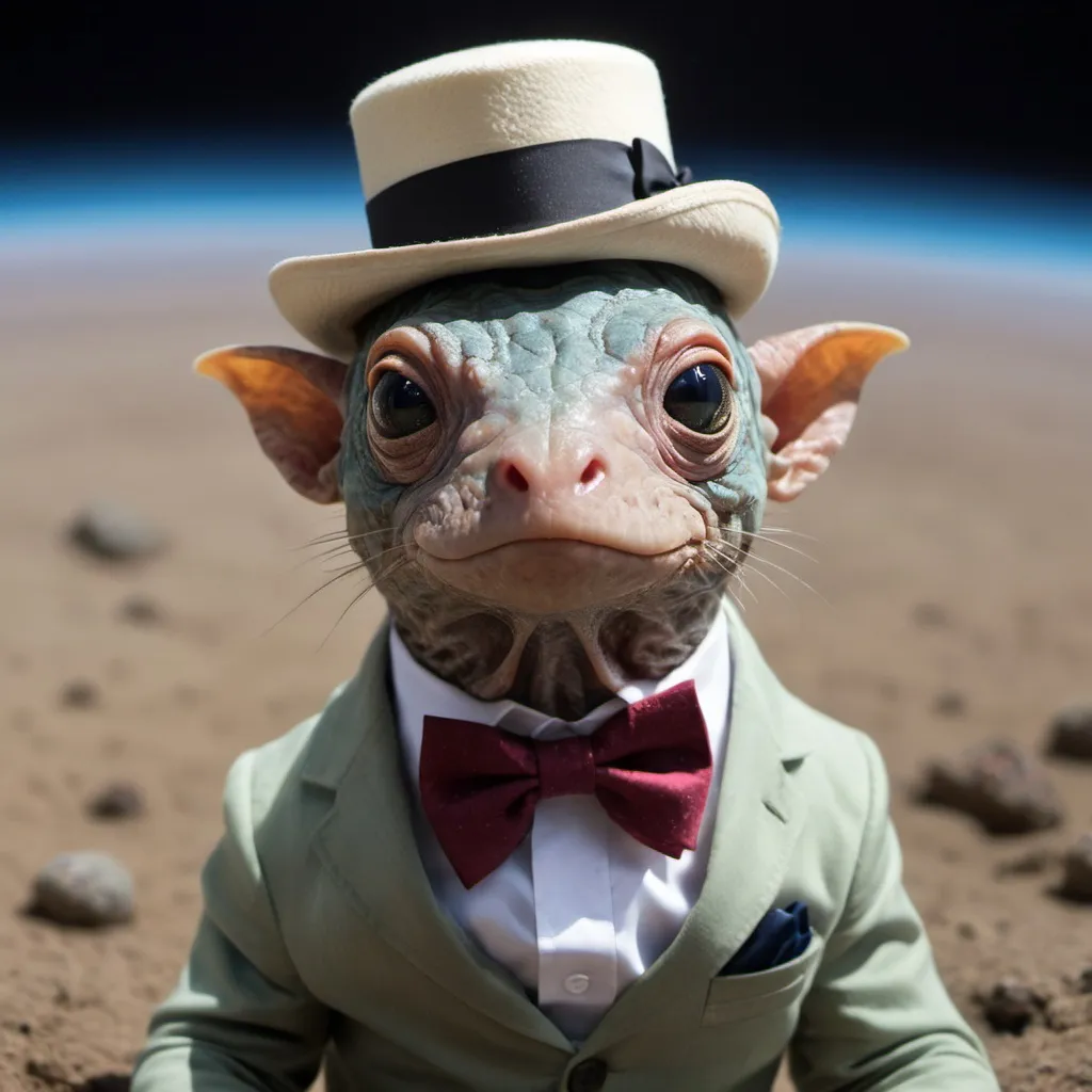 Prompt: An HD photograph of a creature unlike anything on Earth or in the seas, living on a planet with 700 times Earth's gravity. Wearing a hat and a bow tie 