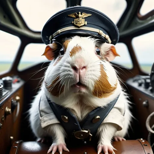 Prompt: cinematic film still, angry all white hairy guinea pig as early 20th century ww1 pilot, in plane cockpit, 8k resolution, highly detailed, intricate details, hyperdetailed, masterpiece, UHD; best quality,
