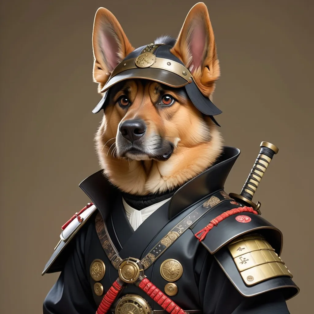 Prompt: a  photo of a  british German shepherd dog dressed as a samurai, a portrait, by Tosa Mitsunobu, steampunk era, benjamin vnuk, discovered photo, chie yoshii, ferret warrior, set photo, # 0 1 7 9 6 f, wearing a black noble suit, full body close-up shot, traditional, anime, drawline art, insane details.