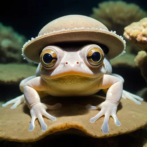 Prompt: a species of previously unknown sea amphibian that sits on the bottom looking like a smooth, round rock with wide pearlike eyes & a huge mouth. A little hat and goggles 