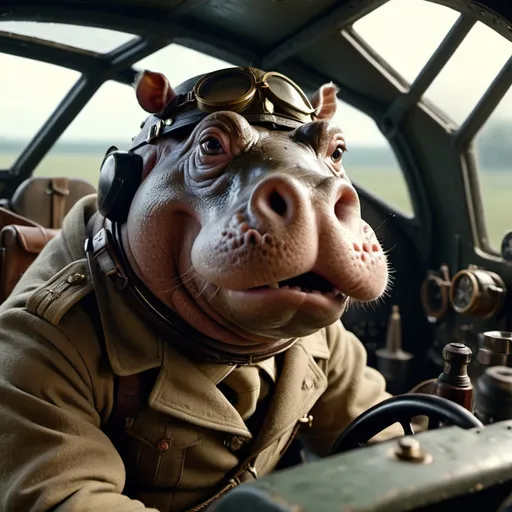 Prompt: cinematic film still, angry hippopotamus as early 20th century ww1 pilot, in plane cockpit, 8k resolution, highly detailed, intricate details, hyperdetailed, masterpiece, UHD; best quality,