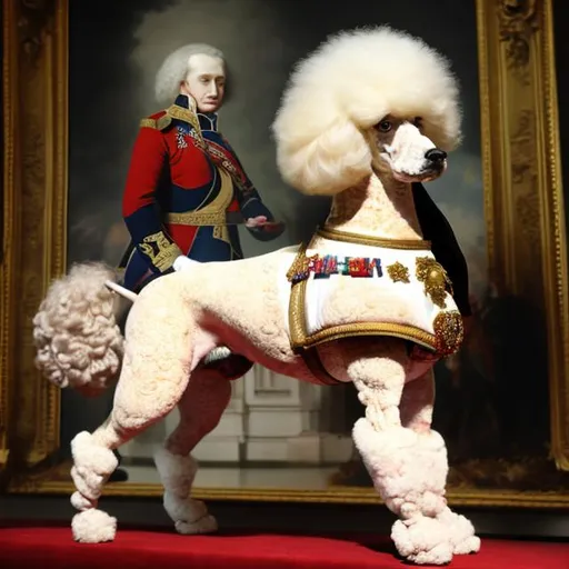 Prompt: A photo Realistic French poodle do full length dressed as Napoleon in full uniform 