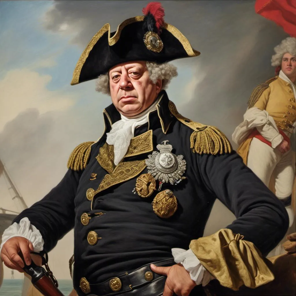 Prompt: <mymodel> As Lord Nelson with an eye pach and one arm inside jacket standing at the battle of trafalgar 