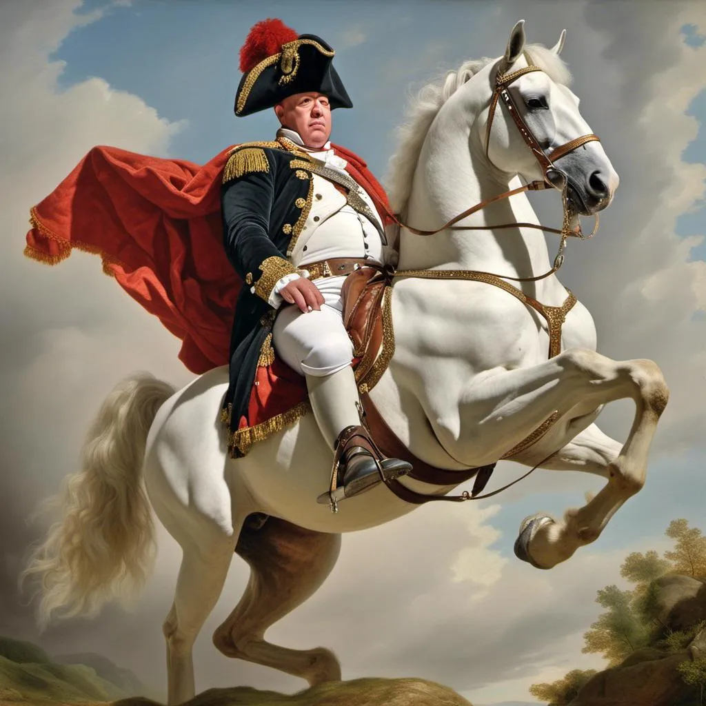 Prompt: <mymodel> As Napoleon riding a white horse in full battle dress photo Realistic 