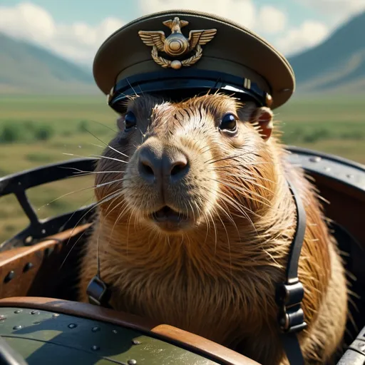 Prompt: cinematic film still, angry capybara as early 20th century ww1 pilot, in plane cockpit, 8k resolution, highly detailed, intricate details, hyperdetailed, masterpiece, UHD; best quality,