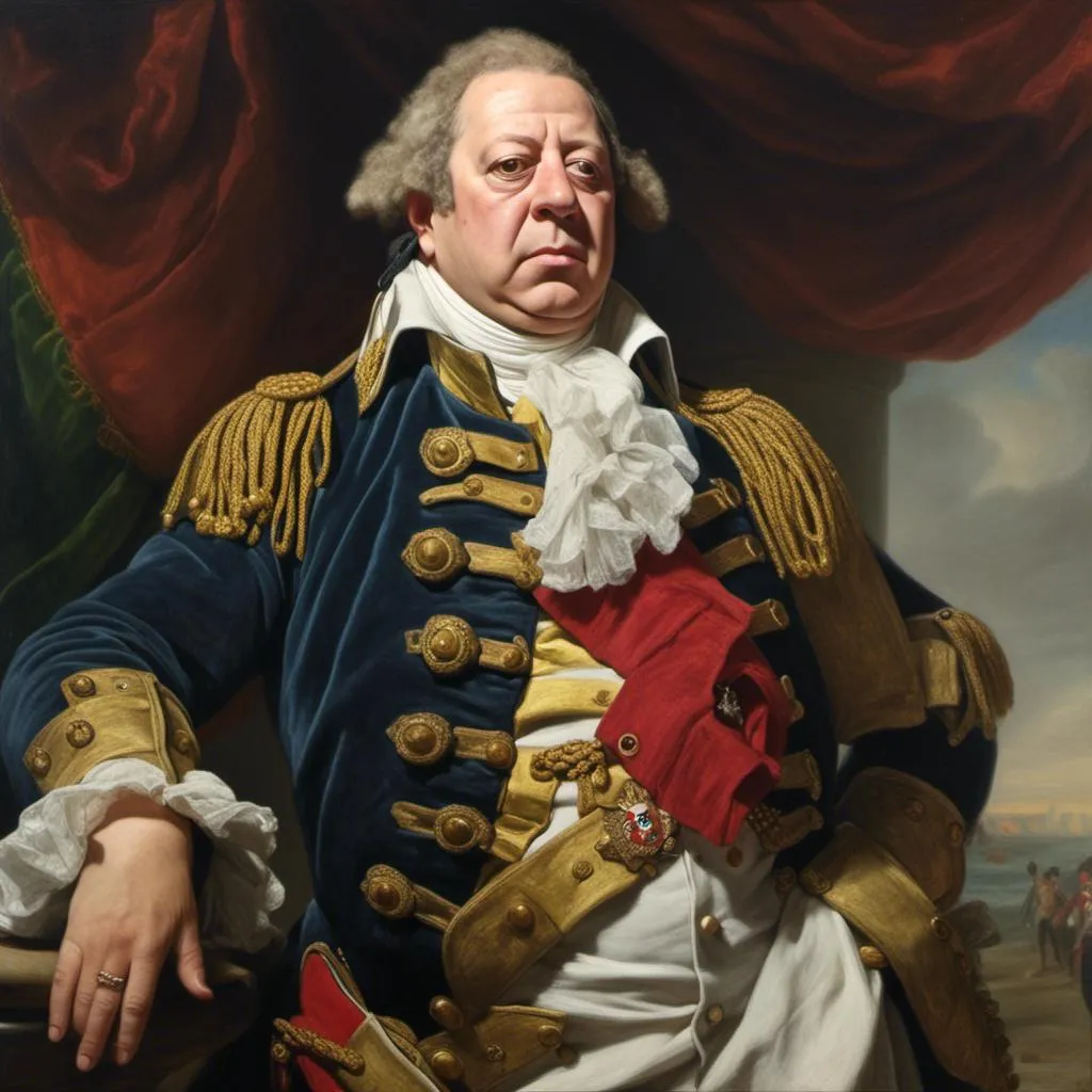 Prompt: <mymodel> As Lord Nelson with an eye pach and one arm inside jacket standing at the battle of trafalgar 