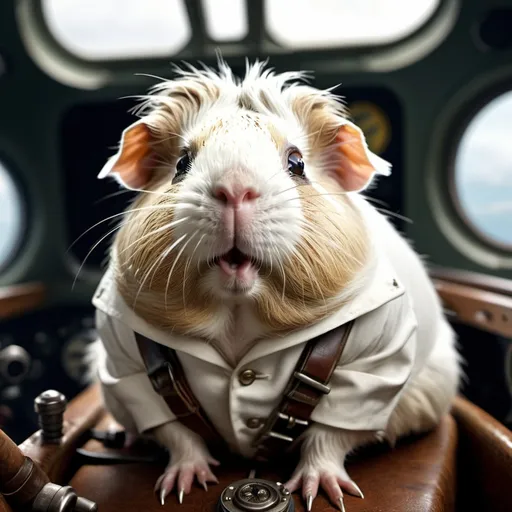 Prompt: cinematic film still, angry all white hairy guinea pig as early 20th century ww1 pilot, in plane cockpit, 8k resolution, highly detailed, intricate details, hyperdetailed, masterpiece, UHD; best quality,