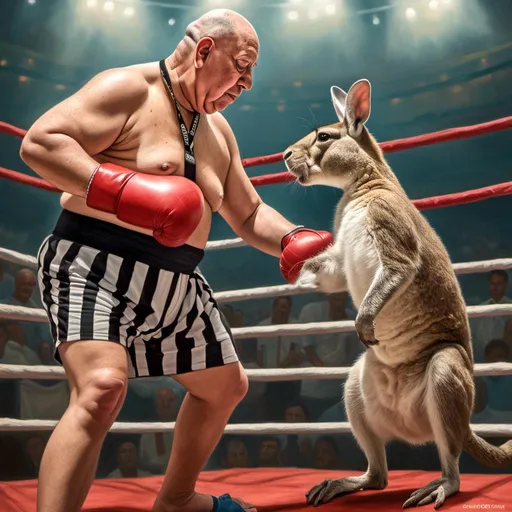 Prompt: <mymodel>photo Realistic referee in a boxing ring reffing two Kangaroos that are boxing the Kangaroos are large and are wearing boxing gloves 