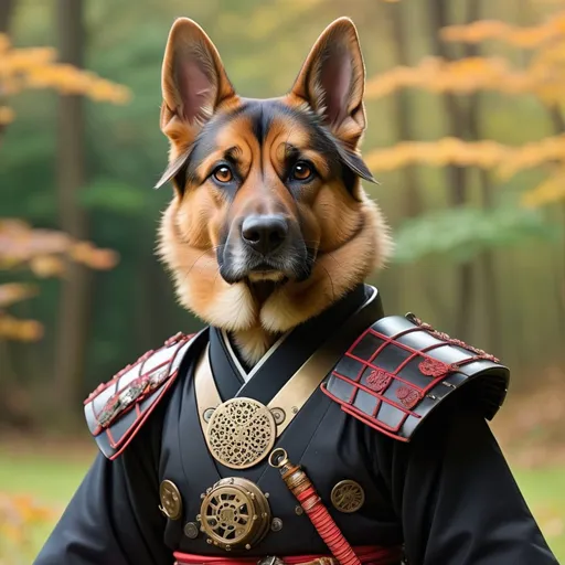 Prompt: a  photo of a  british German shepherd dressed as a samurai, a portrait, by Tosa Mitsunobu, steampunk era, benjamin vnuk, discovered photo, chie yoshii, ferret warrior, set photo, # 0 1 7 9 6 f, wearing a black noble suit, full body close-up shot, traditional, anime, drawline art, insane details.