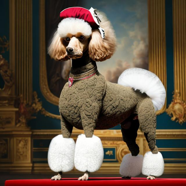 Prompt: A photo Realistic French poodle do full length dressed as Napoleon in full uniform 