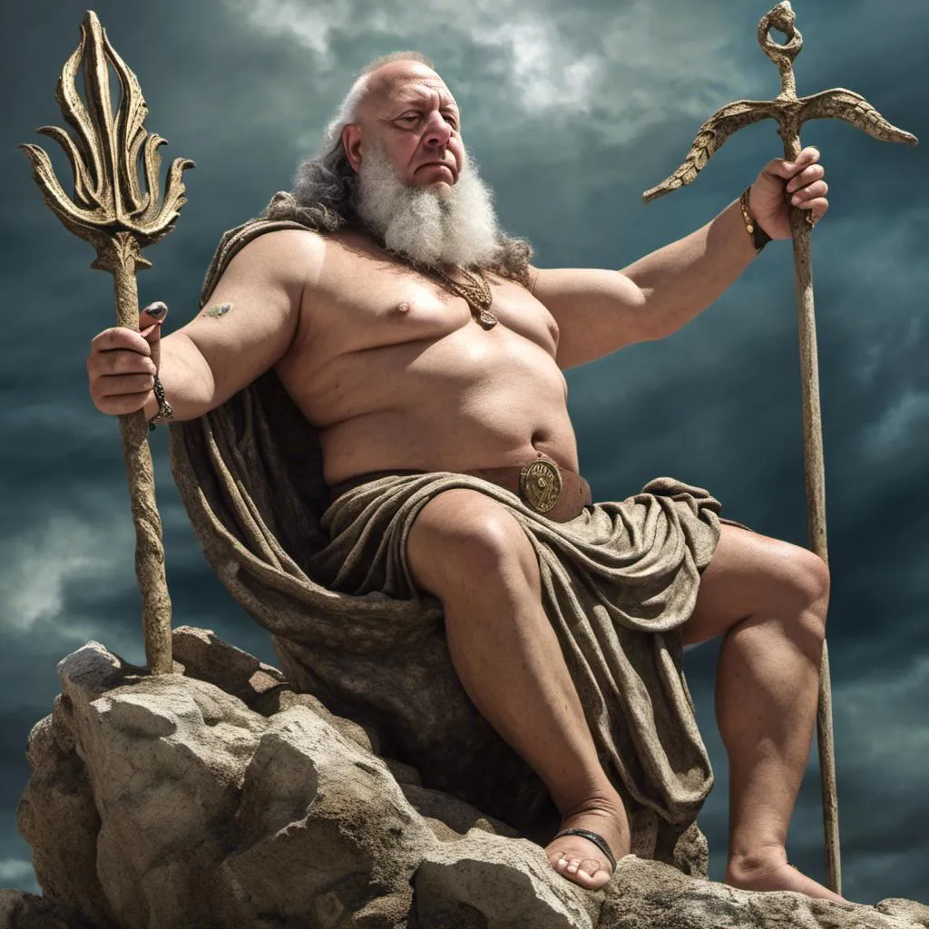 Prompt: <mymodel>photo Realistic as Greek god Poseidon sitting on a rock. With his trident in his hand 