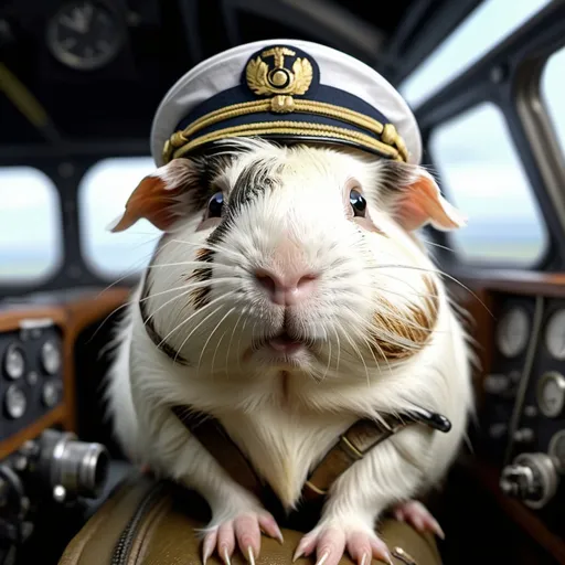 Prompt: cinematic film still, angry all white hairy guinea pig as early 20th century ww1 pilot, in plane cockpit, 8k resolution, highly detailed, intricate details, hyperdetailed, masterpiece, UHD; best quality,guinea pig all white,