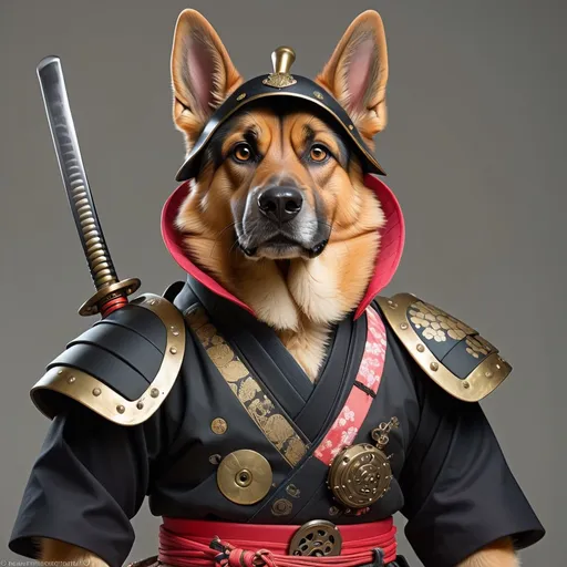 Prompt: a  photo full length of a  british German shepherd dog dressed as a samurai, a portrait, by Tosa Mitsunobu, steampunk era, benjamin vnuk, discovered photo, chie yoshii, ferret warrior, set photo, # 0 1 7 9 6 f, wearing a black noble suit, full body close-up shot, traditional, anime, drawline art, insane details. Full length boddy photo Realistic 