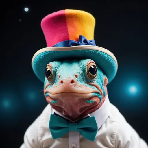 Prompt: An HD photograph of a creature unlike anything on Earth or in the seas, living on a planet with 700 times Earth's gravity. Wearing a colorful hat and a bow tie 