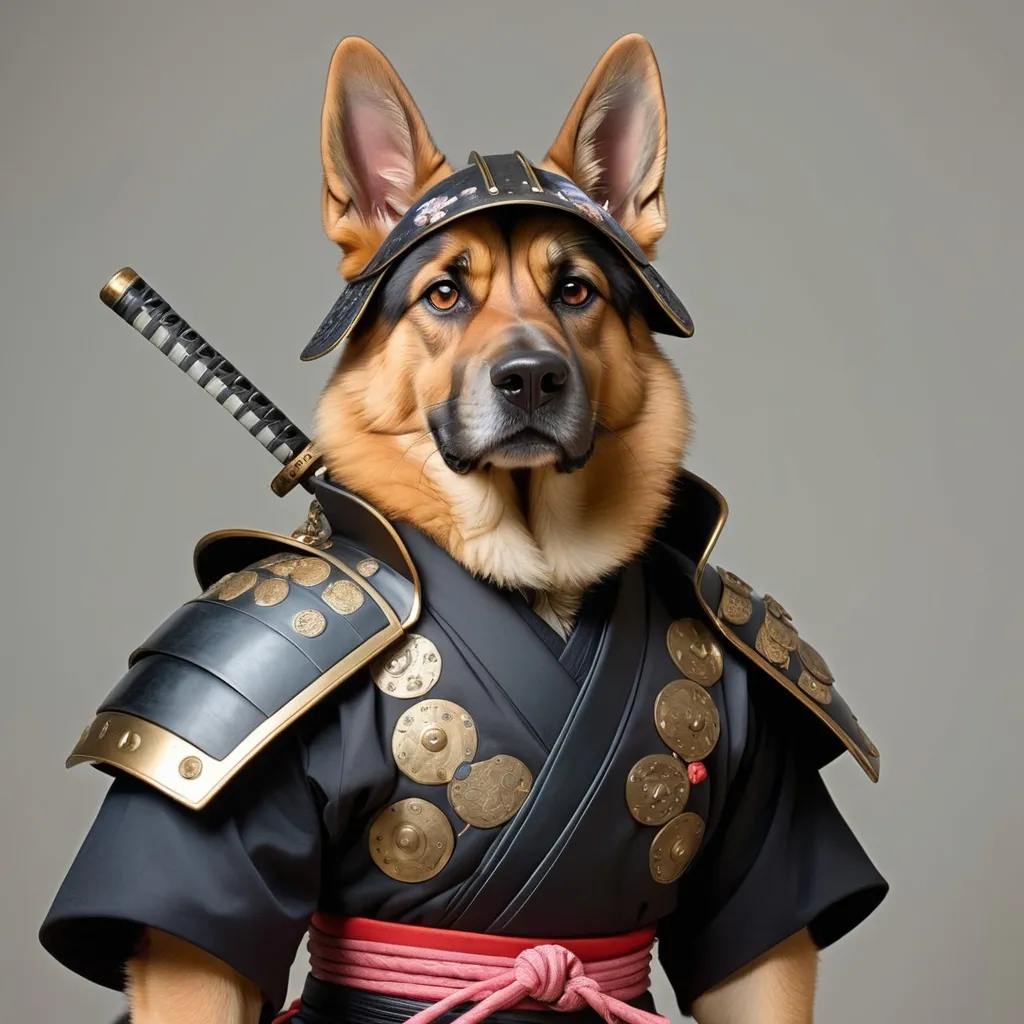 Prompt: a  photo full length of a  british German shepherd dog dressed as a samurai, a portrait, by Tosa Mitsunobu, steampunk era, benjamin vnuk, discovered photo, chie yoshii, ferret warrior, set photo, # 0 1 7 9 6 f, wearing a black noble suit, full body close-up shot, traditional, anime, drawline art, insane details. Full length boddy photo Realistic 