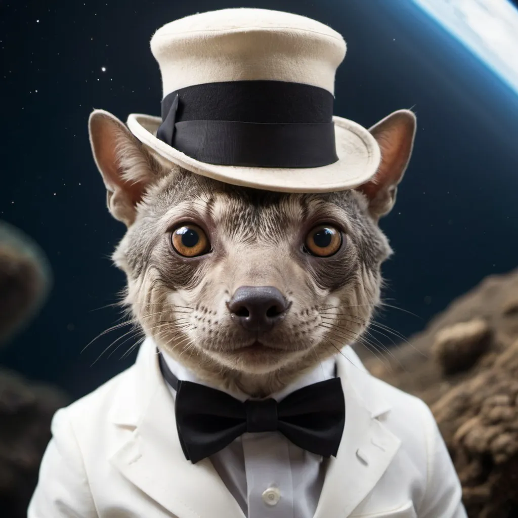 Prompt: An HD photograph of a creature unlike anything on Earth or in the seas, living on a planet with 700 times Earth's gravity. Wearing a hat and a bow tie 