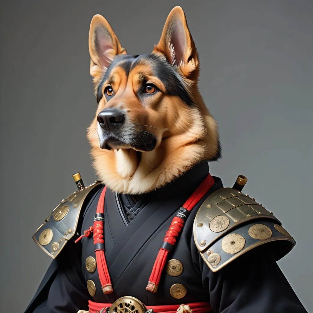 Prompt: a  photo of a  british German shepherd dog dressed as a samurai, a portrait, by Tosa Mitsunobu, steampunk era, benjamin vnuk, discovered photo, chie yoshii, ferret warrior, set photo, # 0 1 7 9 6 f, wearing a black noble suit, full body close-up shot, traditional, anime, drawline art, insane details.