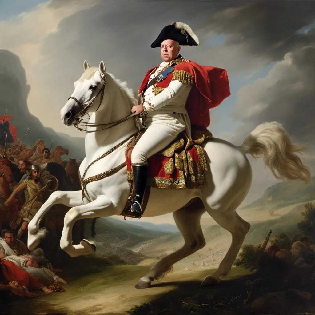 Prompt: <mymodel> As Napoleon riding a white horse in full battle dress photo Realistic 