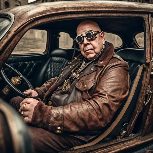 Prompt: <mymodel> in the stiles of steampunk in a steampunk background photo Realistic wearing goggles on a steem car