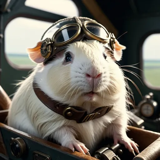 Prompt: cinematic film still, angry all white hairy guinea pig as early 20th century ww1 pilot, in plane cockpit, 8k resolution, highly detailed, intricate details, hyperdetailed, masterpiece, UHD; best quality,