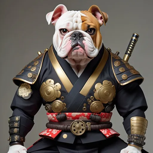 Prompt: a  photo of a  british bulldog dressed as a samurai, a portrait, by Tosa Mitsunobu, steampunk era, benjamin vnuk, discovered photo, chie yoshii, ferret warrior, set photo, # 0 1 7 9 6 f, wearing a black noble suit, full body close-up shot, traditional, anime, drawline art, insane details.