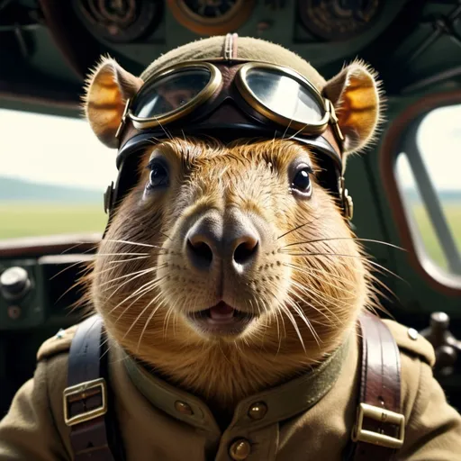 Prompt: cinematic film still, angry capybara as early 20th century ww1 pilot, in plane cockpit, 8k resolution, highly detailed, intricate details, hyperdetailed, masterpiece, UHD; best quality,