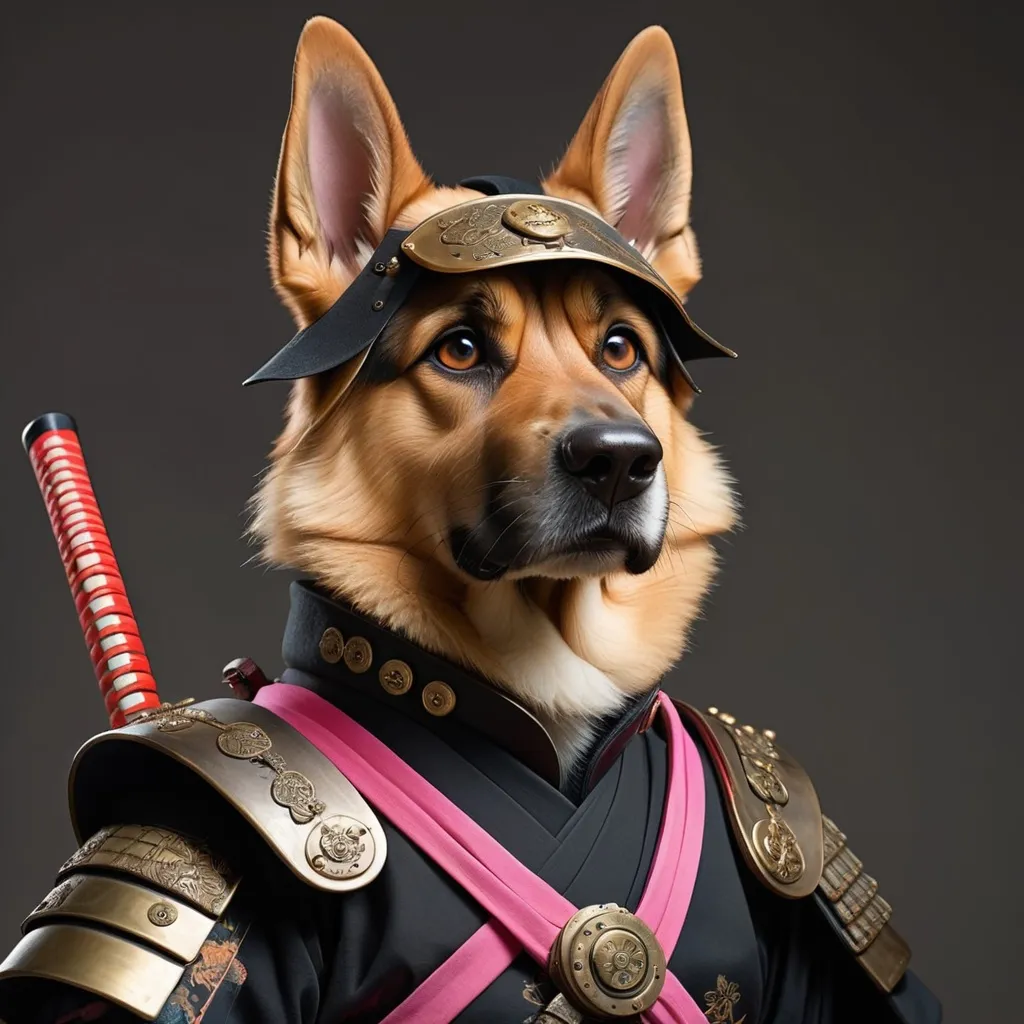 Prompt: a  photo of a  british German shepherd dressed as a samurai, a portrait, by Tosa Mitsunobu, steampunk era, benjamin vnuk, discovered photo, chie yoshii, ferret warrior, set photo, # 0 1 7 9 6 f, wearing a black noble suit, full body close-up shot, traditional, anime, drawline art, insane details.