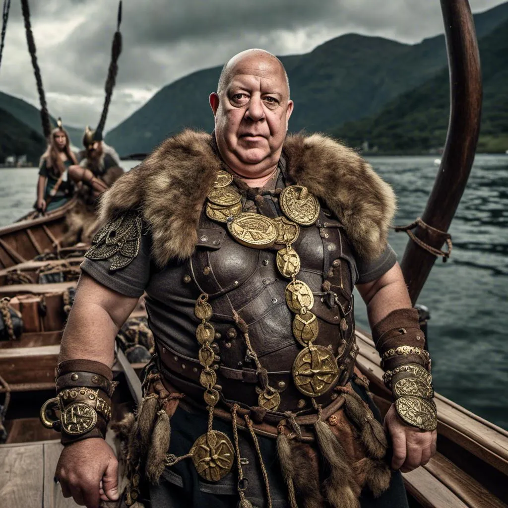 Prompt: <mymodel>As a viking full length photo Realistic with viking  sowed and weapons all so wearing  gold artifacts standing on the front of a viking long boat 