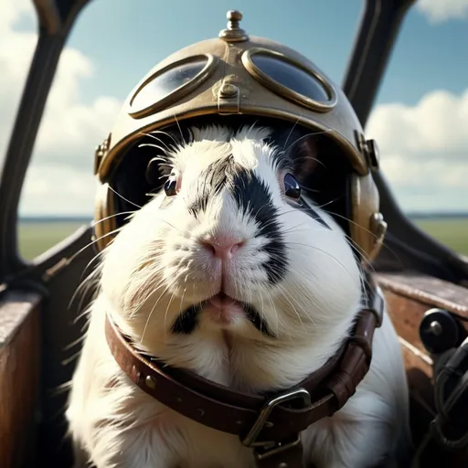 Prompt: cinematic film still, angry all white  guinea pig as early 20th century ww1 pilot, in plane cockpit, 8k resolution, highly detailed, intricate details, hyperdetailed, masterpiece, UHD; best quality,