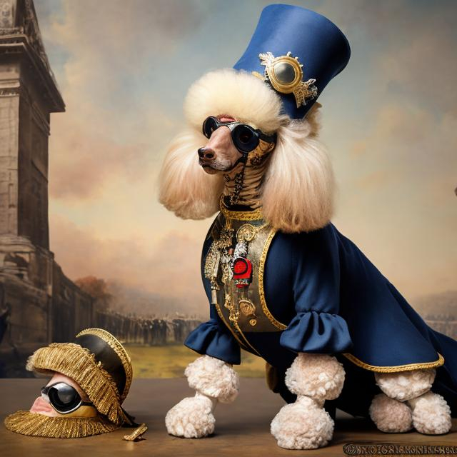 Prompt: A photo Realistic French poodle do full length dressed as Napoleon in full uniform hat and goggles 