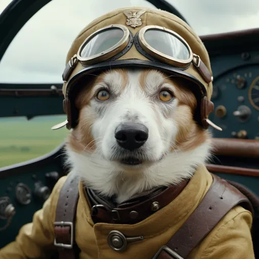 Prompt: cinematic film still, angry white shelty ginyeapig as early 20th century ww1 pilot, in plane cockpit, 8k resolution, highly detailed, intricate details, hyperdetailed, masterpiece, UHD; best quality,