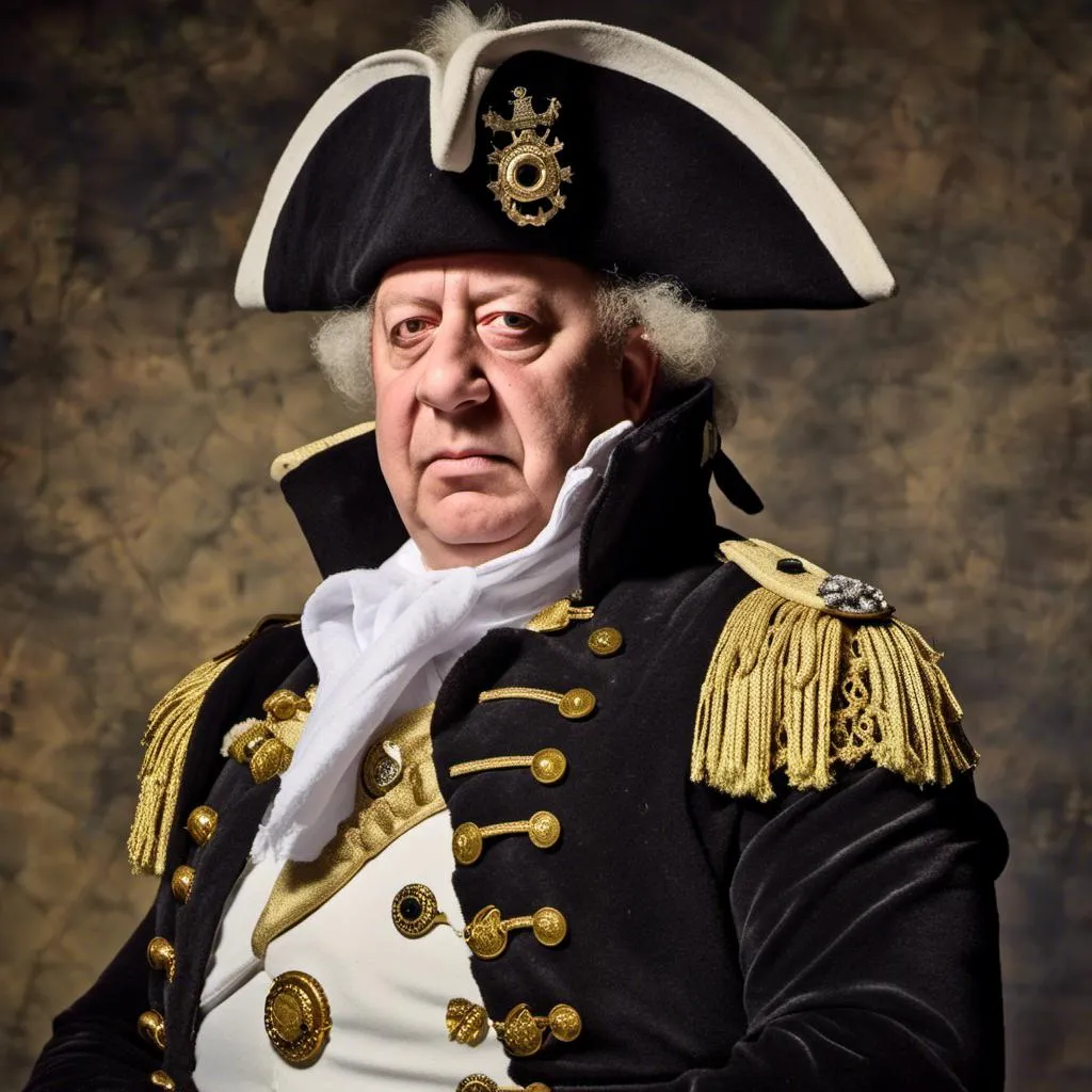 Prompt: <mymodel> As Lord Nelson with an eye pach and one arm inside jacket standing at the battle of trafalgar 