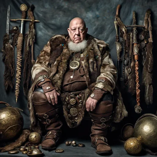 Prompt: <mymodel>As a viking full length photo Realistic with viking  sowed and weapons all so wearing  gold artifacts 