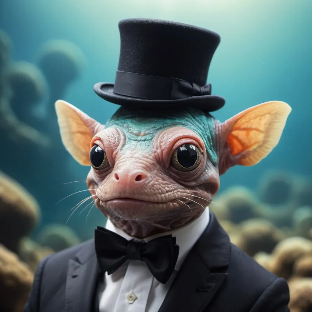 Prompt: An HD photograph of a creature unlike anything on Earth or in the seas, living on a planet with 700 times Earth's gravity. Wearing a hat and a bow tie 