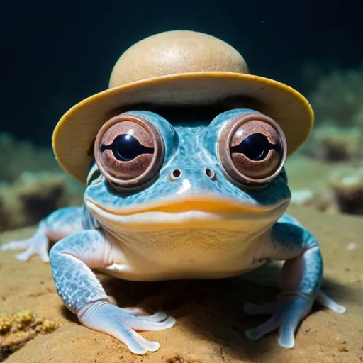 Prompt: a species of previously unknown sea amphibian that sits on the bottom looking like a smooth, round rock with wide pearlike eyes & a huge mouth. A little hat and goggles 