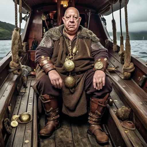 Prompt: <mymodel>As a viking full length photo Realistic with viking  sowed and weapons all so wearing  gold artifacts standing on the front of a viking long boat 